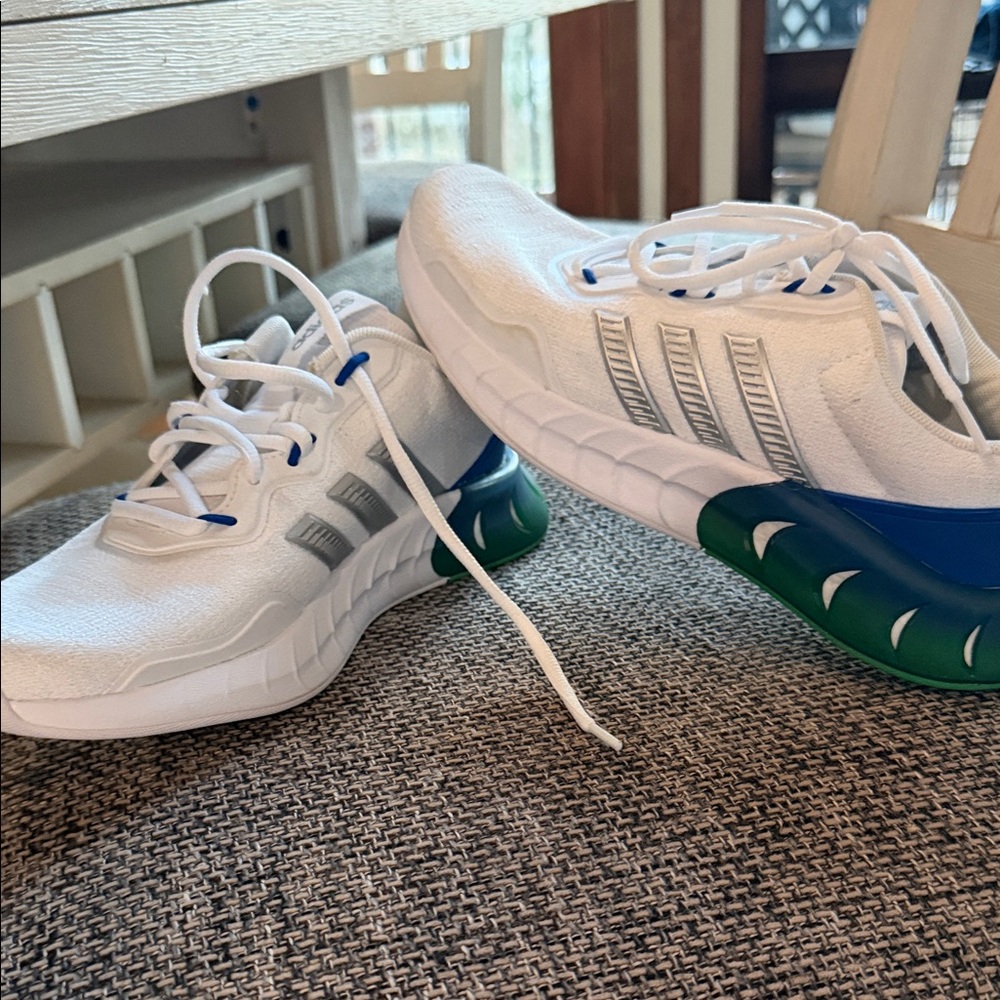 Adidas Boost White Sneakers with Green and Blue Soles. Mens never been worn.